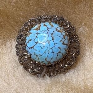 Vintage Turquoise Glass Western Germany Blue Gold Tone Brooch